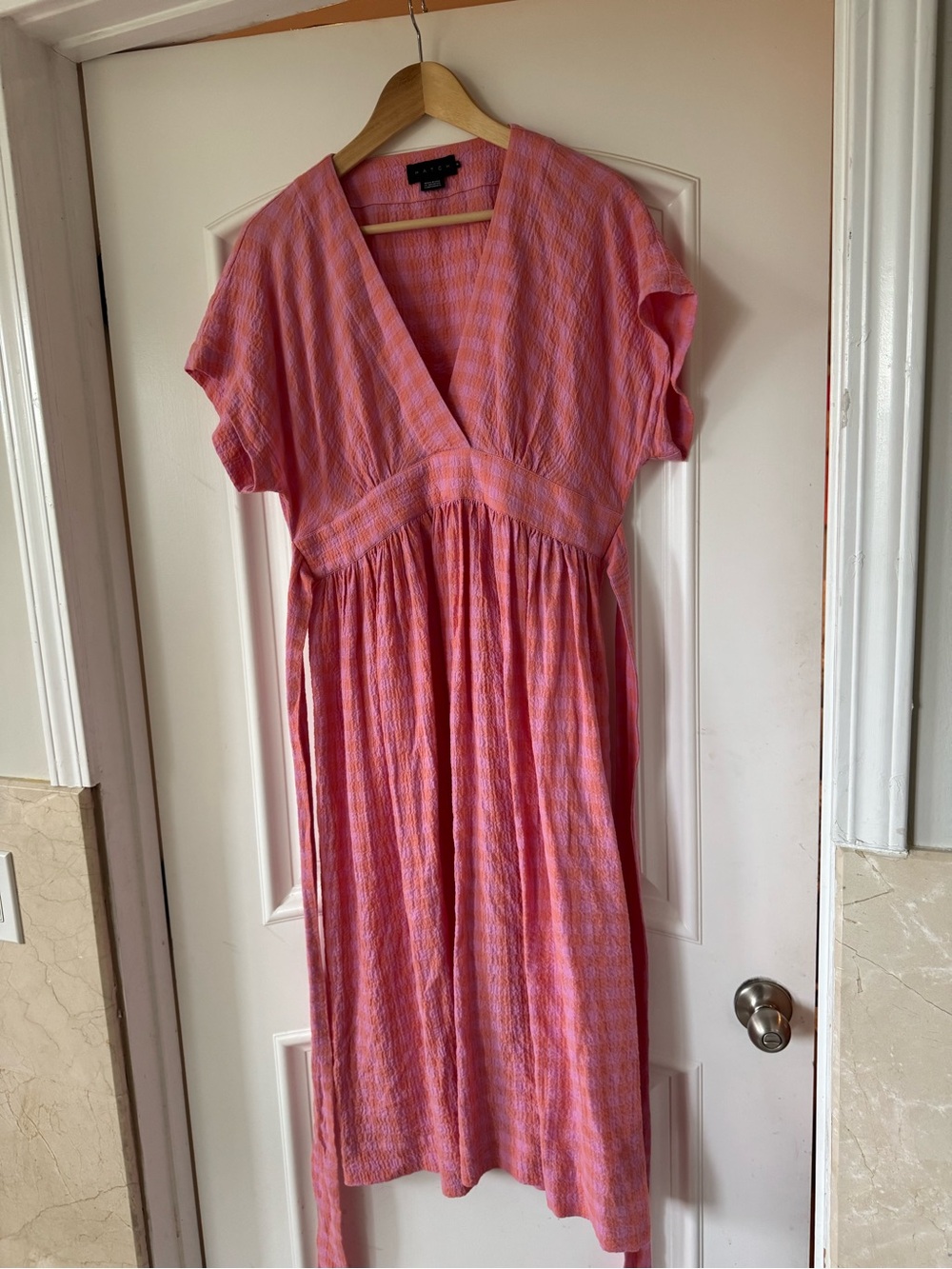Maternity Hatch Pink and Coral V-Neck Short Sleeve Midi Dress
